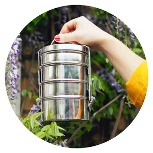 Stainless Steel Tiffin Box Held Up PNG image