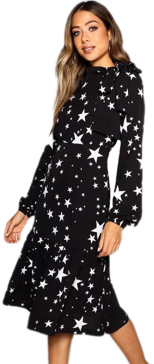 Star Patterned Black Dress Model Pose