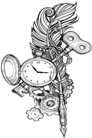 Steampunk Featherand Timepiece Artwork PNG image