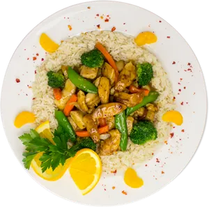 Stir Fried Chicken Vegetables Rice Plate PNG image