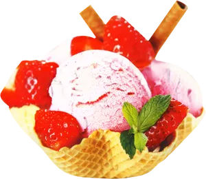 Strawberry Ice Cream Waffle Cone PNG image