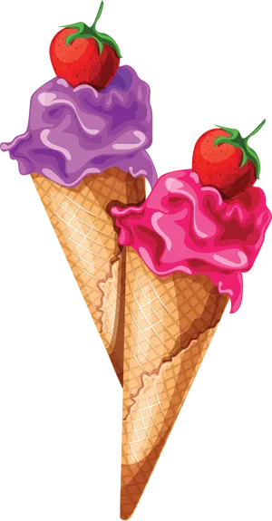 Strawberry Topped Ice Cream Cones Clipart PNG image