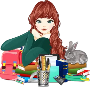 Student With Books And Pet Rabbit