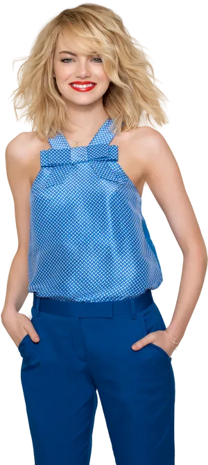 Stylish Blonde Womanin Blue Outfit.png PNG image