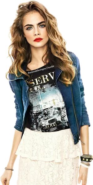 Stylish Curly Haired Womanin Denim PNG image