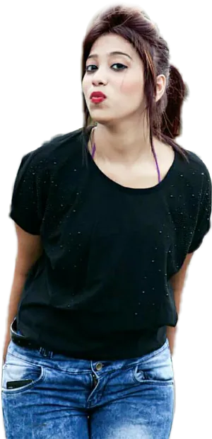 Stylish Girl Black Top Jeans Pose PNG image