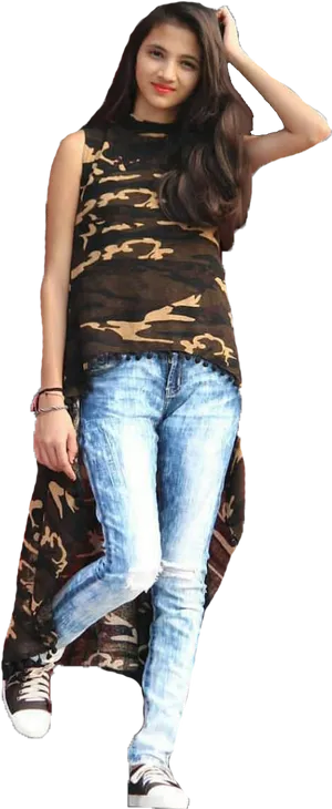 Stylish Indian Girlin Camouflage Top PNG