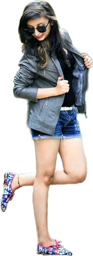 Stylish Indian Girlin Leather Jacketand Denim Shorts PNG image