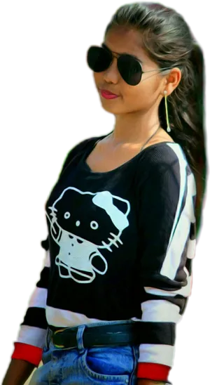 Stylish Indian Girlin Sunglassesand Hello Kitty Shirt PNG image