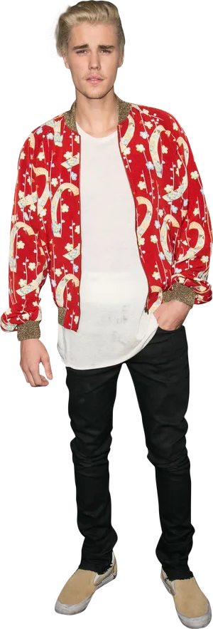 Stylish Male Celebrity Red Jacket PNG image