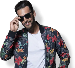 Stylish Man Floral Jacket Sunglasses PNG image