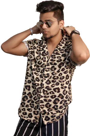 Stylish Man Leopard Print Shirt Posing PNG image