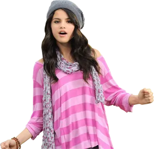 Stylish Teen Girlin Pink Striped Topand Beanie PNG image