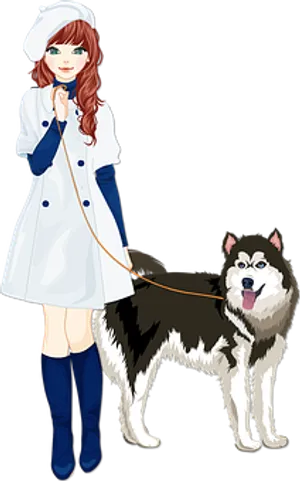 Stylish Woman Walking Siberian Husky