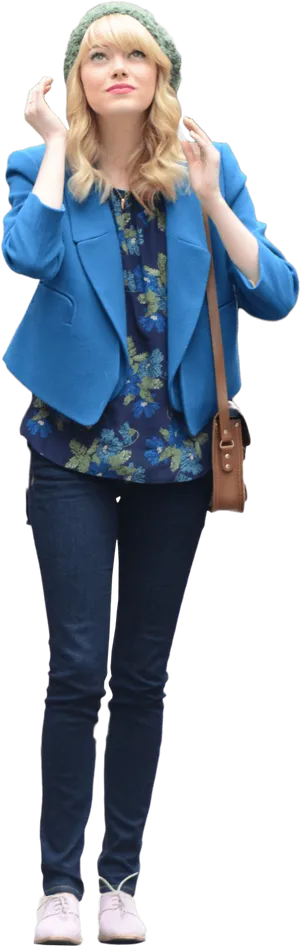 Stylish Womanin Blue Blazerand Green Beanie PNG image