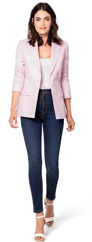 Stylish Womanin Pink Blazerand Jeans PNG image