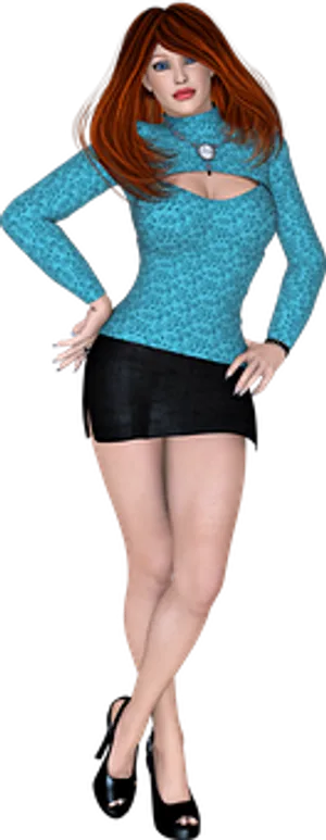 Stylish3 D Redheadin Blue Topand Black Skirt