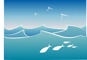 Stylized Ocean Wavesand Fish Illustration PNG image