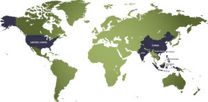 Stylized World Map Highlighting Select Countries PNG image