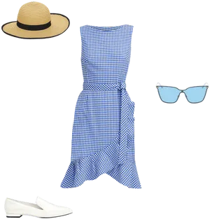 Summer Outfit Straw Hat Blue Gingham Dress White Shoes Sunglasses PNG image