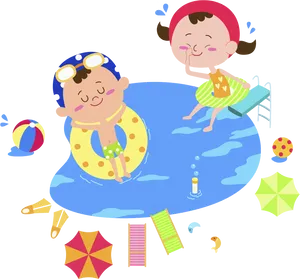 Summer Pool Fun Cartoon Kids PNG