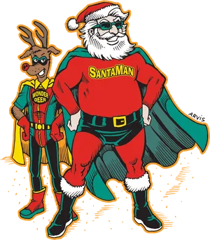 Superhero Santaand Sidekick Reindeer PNG image