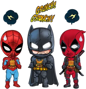 Superheroes_ Eating_ Burgers_ Cartoon PNG