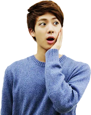 Surprised Expression Manin Blue Sweater PNG