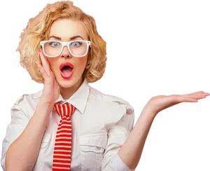 Surprised Woman Glasses Red Tie PNG image