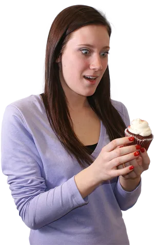 Surprised Woman Holding Cupcake PNG