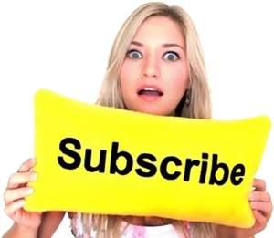 Surprised Woman Holding Subscribe Pillow PNG image