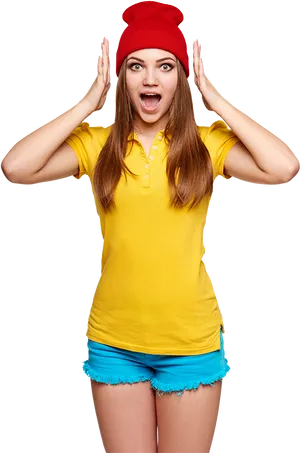 Surprised Womanin Red Beanieand Yellow Shirt PNG image