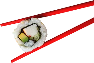 Sushi Roll Held With Red Chopsticks