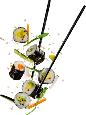 Suspended Sushi Pieceswith Chopsticks PNG image