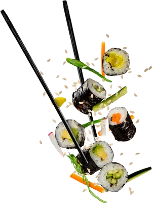 Suspended Sushi Pieceswith Chopsticks