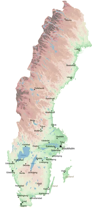 Sweden Topographic Mapwith Cities PNG image