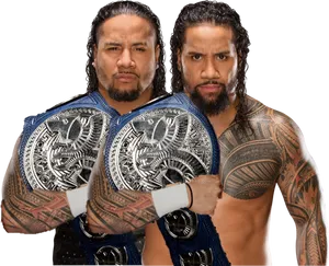 Tag Team Champions Posing With Belts PNG image