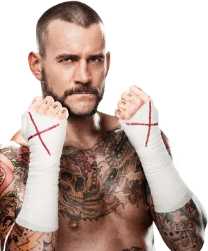 Tattooed Fighter Raising Fists PNG image
