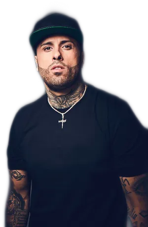 Tattooed Manin Black Shirtand Cap PNG image