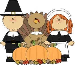 Thanksgiving Pilgrimsand Turkey Cartoon PNG image