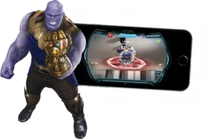 Thanos_with_ Infinity_ Gauntlet_and_ Smartphone_ Game PNG image