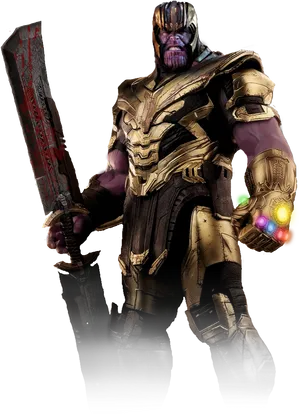 Thanos With Infinity Gauntletand Sword PNG image