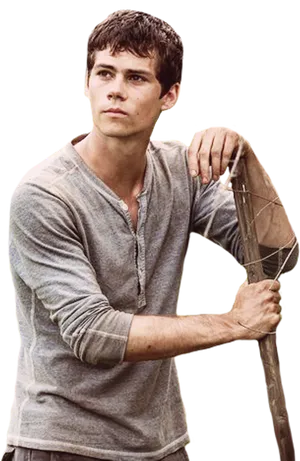 Thoughtful Young Man Leaningon Tool PNG image