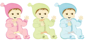 Three Cartoon Babiesin Colorful Outfits PNG image