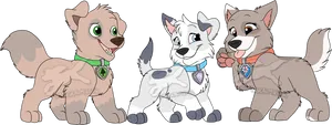 Three Cartoon Pups Friendly Pose PNG image