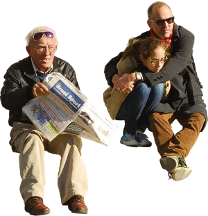 Three Person Reading Newspaperon Bench PNG image