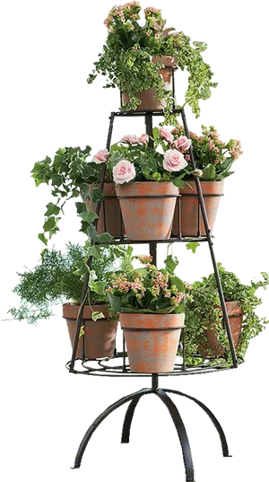 Tiered Plant Standwith Flowering Pots PNG image