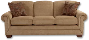 Traditional Beige Fabric Sofawith Pillows PNG image