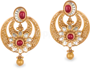 Traditional Gold Floral Earringswith Gemstones PNG