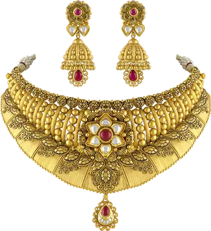 Traditional Gold Necklace Earrings Set PNG image